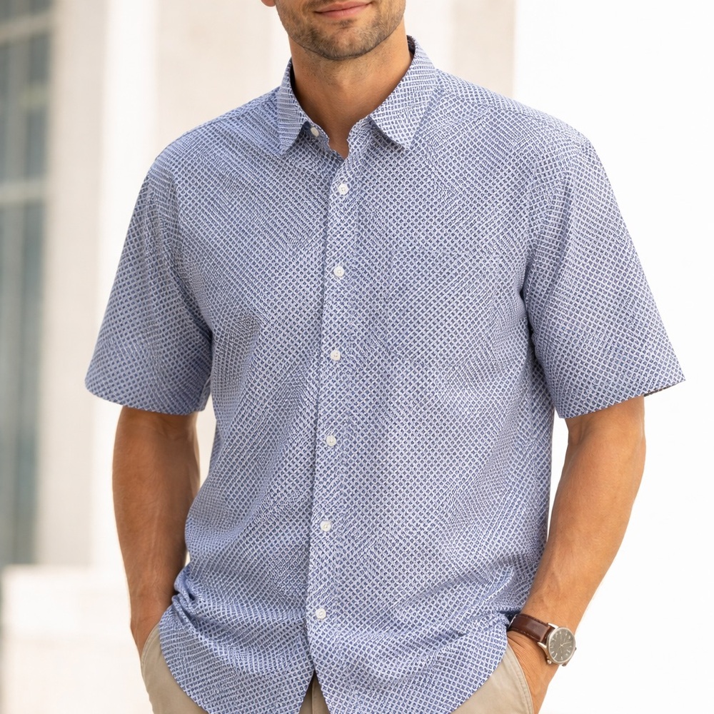 Planet B Mens Short Sleeve Button Down Blue‎ Diamond Geometric Print 3XL